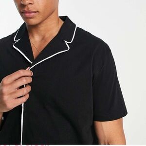 ASOS DESIGN Black soft cotton jersey short sleeve button down shirt white piping